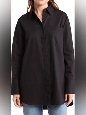 Nordstrom - RDI Poplin Tunic Button Up Oxford Split Sides Black